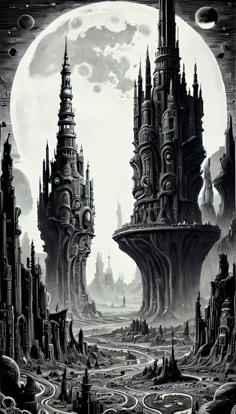 engraving, fantasy surreal landscape of moon city by Joe Fenton, etching, 2D, thin black lines