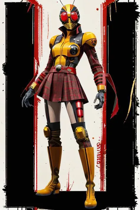 full body front shot, a red ladybug themed cyborg girl, red and yellow jacket and skirt, red knee-high boots, sexy, red helmet with yellow protective goggles, fighter, martial artist Russ Mills artwork, black ink, indigo, black orange and grey touches