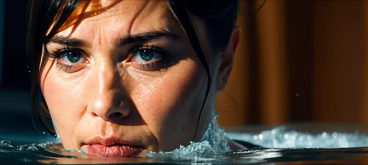 scene from a movie X, woman head in water, dramatic, detailed eyes, cinematic, water at background