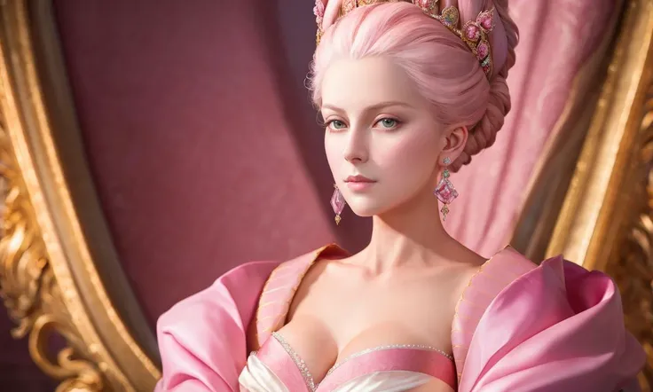 Portrait of the resplendent Queen Marie-Antoinette of France, bathed in delicate shades of pink, rendered in ultra-high 4K resolution, showcasing a photo-realistic quality akin to the works of Stanley Artgerm Lau