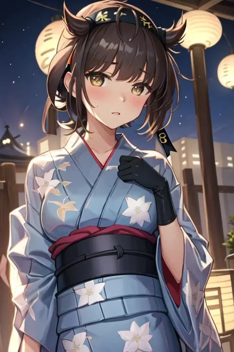 best quality, masterpiece, highres, solo, {yukata:1.40}, {kimono:1.20}, {hatsuzuki_kantaicollection:1.15}, short_hair, hair_flaps, headband, brown_hair, hairband, bodysuit, serafuku, hachimaki, blush, yellow_eyes, breasts, black_hair, brown_eyes