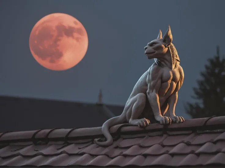 cinematic photo a gargoyle sittinng on the roof of notre damme, red moonlight is lightning the dark frightening scene, . 35mm photograph, film, bokeh, professional, 4k, highly detailed