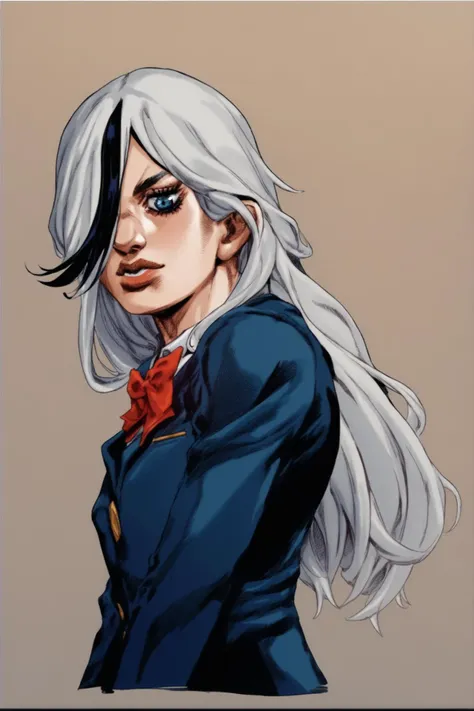 a drawing of a woman with white hair and a bow tie