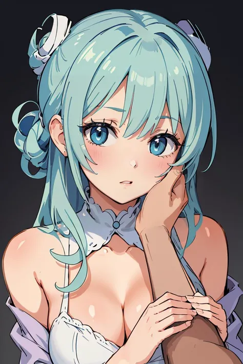 (masterpiece, best quality), 1girl,  Pastel Blue Side Swept Updo, Size C breasts,   <lora:hand_on_anothers_face_v1:0.8> hand on anothers cheek