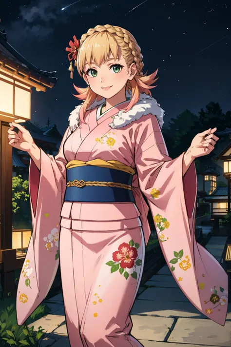 masterpiece, best quality,  <lora:sharena-fe-richy-v1:1> sharenany, pink kimono, sash, fur trim, floral print, hair flower, japanese architecture, night, smile, wide shot