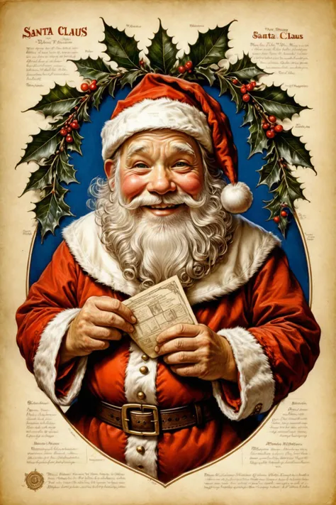 a painting of santa claus holding a letter with holly leaves