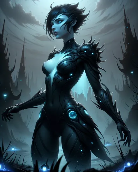 a woman in a futuristic outfit standing in front of a dark background