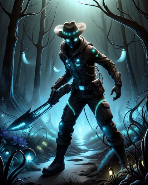 a man in a hat and a hat holding a knife in a forest