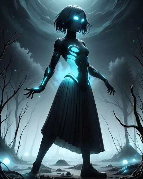 a woman in a dress standing in a forest with a glowing orb