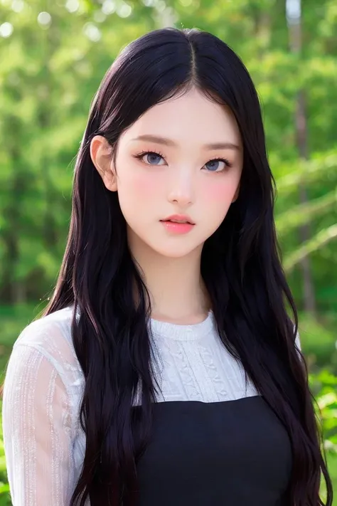 best quality, masterpiece, (photorealistic:1.4), Close up, 1 girl, upper body, Black Dress, Corset, long hair, cute, flowers around, forest background, sweet girl, IDOL,  -- Face Details:1.7 --  <lora:HN:0.84>