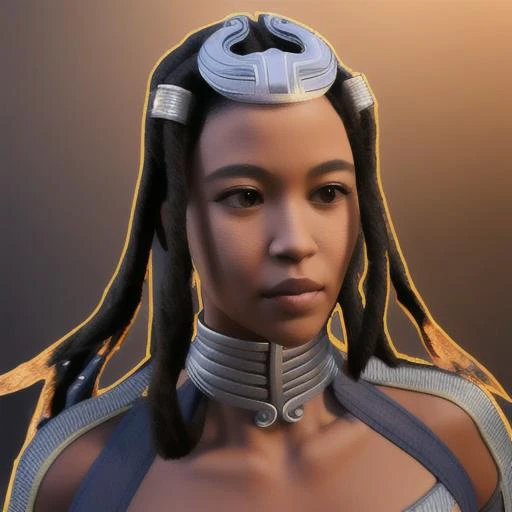 ,masterpiece, ofTanya, wearing a sliver headpiece , dreadlocks brown eyes, neckbrace, dark skin solo, sun, blue sky, best quality, realistic, photorealistic, (intricate details:1.2), (delicate detailed), (cinematic light), clear line, sharp focus, realisti...