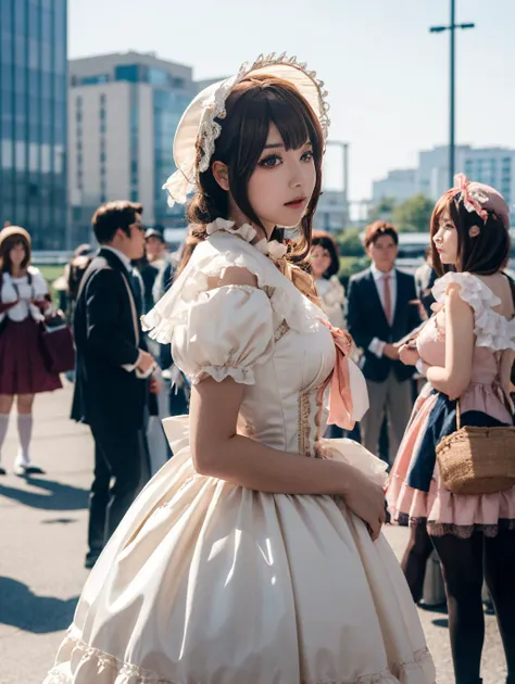 araffe dressed in a white dress and a hat standing in a crowd