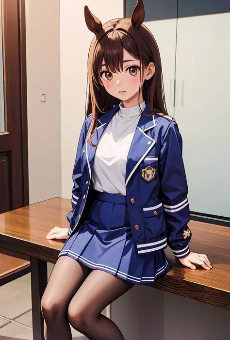 (masterpiece, best quality), 1girl,  <lora:YafyaxKiriko:0.8> YafyaxKiriko, 1girl, solo, long hair, blue skirt, brown hair, blue jacket, white shirt, opened jacket, long sleeves, horse ears, brown eyes, brown pantyhose,