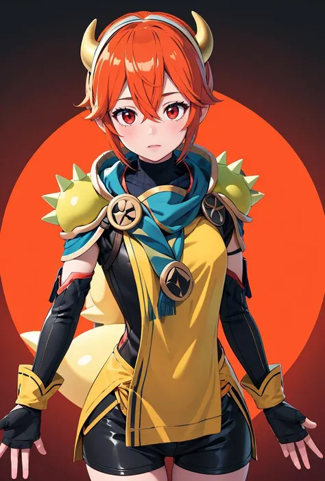 (masterpiece, best quality), 1girl,   <lora:BowserxLucina:0.8> BowserxLucina, 1girl, solo, short hair, red eyes, black gloves, hair between eyes, red hair, horns, black gloves, fingerless gloves, yellow armor, spikes shoulder armor,