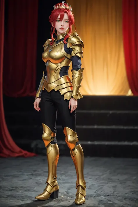 a woman in a gold armor outfit standing on a stage