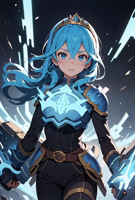 (masterpiece, best quality), 1girl,<lora:ChromxDSamus:0.8> ChromxDSamus, 1girl, solo, long hair, blue hair, blue eyes, long sleeves, hair between eyes, blue hair, belt, pants, blue armor, tiara, shoulder armor