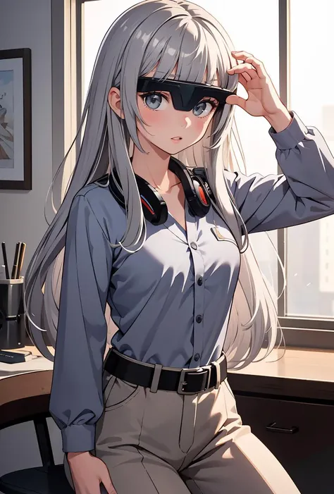 (masterpiece, best quality), 1girl,   <lora:ElleBattleSaga:0.8> ElleBattleSaga, 1girl, solo, long hair, grey hair, grey shirt, long sleeves, medium breasts, black belt, grey pants, blunt bangs, goggles, head-mounted display,