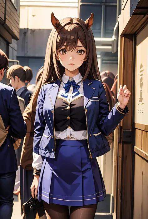 (masterpiece, best quality), 1girl,  <lora:YafyaxKiriko:0.8> YafyaxKiriko, 1girl, solo, long hair, blue skirt, brown hair, blue jacket, white shirt, opened jacket, long sleeves, horse ears, brown eyes, brown pantyhose,