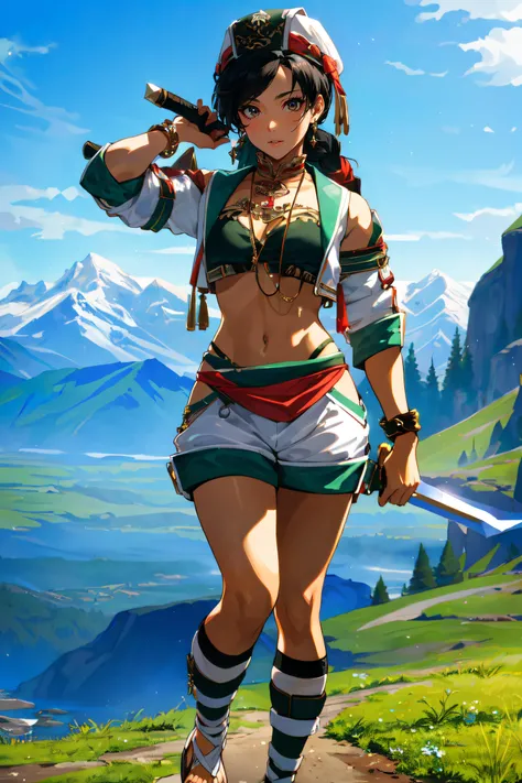 (masterpiece, best quality, ultra detailed, absurdres)1.5, 1girl, (sexy, beautiful woman, perfect face, perfect eyes, perfect female body)1.5, (talim, black hair, braid, braided twintails, green top, midriff, white hat, white shorts, thigh cutout, cropped ...