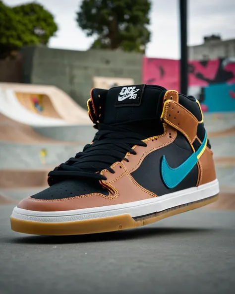 Nike SB skateboarding shoes, urban attitude:0.7, photographed in a skate park environment, showcasing their durable construction and grip, capturing the rebellious spirit of skate culture, action shot:0.9. , cyberpunk:1.3<lora:shoes:1.0>