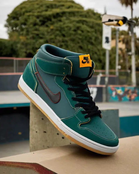 Nike SB skateboarding shoes, urban attitude:0.7, photographed in a skate park environment, showcasing their durable construction and grip, capturing the rebellious spirit of skate culture, action shot:0.9.<lora:shoes:1.0>