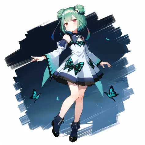 <lora:testbluerushia:1>,  bluerushia, green hair, double bun, red eyes, short hair, blue bow, skull hair ornament, full body,