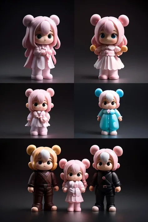 full-length plastic family toys by Chibi. looking at the camera, pastel colors, matte plastic, dark background, more detail <lora:toys:0.7>