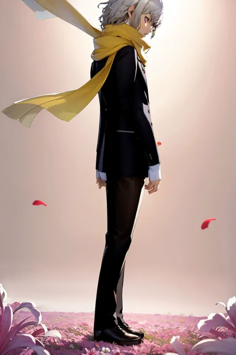 full body, solo, 1boy, male, confident, white hair, purple eyes, light brown scarf, backlighting, Nerine_Lily (flower), floral background <lora:Soejima_render_style_v01.09:1>