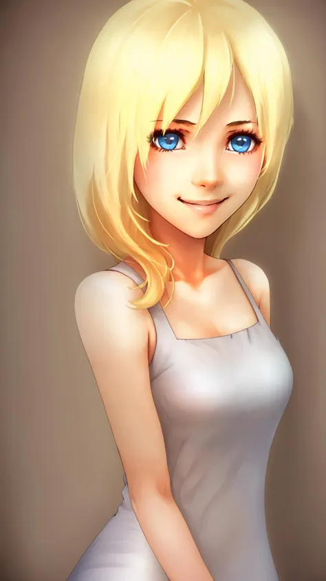 a drawing of a blonde woman with blue eyes and a white dress