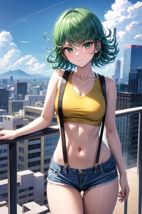 (masterpiece, best quality, detailed), 1girl, solo, cowboy shot, tatsumaki, outdoors, rooftop, day, cityscape, blue sky, cloud, scenery, railing, closed mouth,
suspenders, midriff, denim shorts, short shorts, yellow shirt, sleeveless, crop top