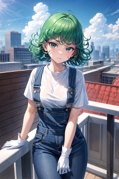 (masterpiece, best quality, detailed), 1girl, solo, cowboy shot, tatsumaki, outdoors, rooftop, day, cityscape, blue sky, cloud, scenery, railing, closed mouth,
overalls, white shirt, short sleeves, white gloves