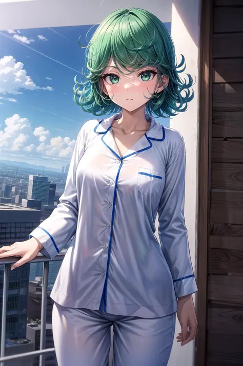 (masterpiece, best quality, detailed), 1girl, solo, cowboy shot, tatsumaki, outdoors, rooftop, day, cityscape, blue sky, cloud, scenery, railing, closed mouth,
pajamas, sleepy, nightcap