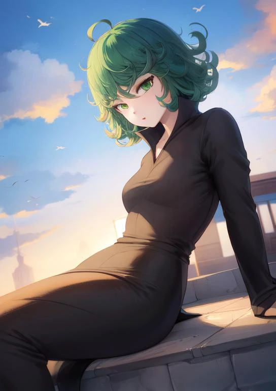 a woman with green hair sitting on a ledge in front of a building