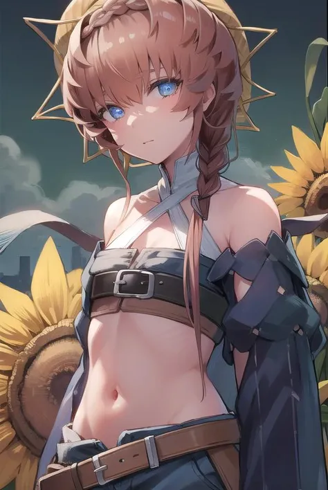 vangogh, <lyco:vangogh-lyco-nochekaiser:1>,
van gogh, blue eyes, braid, brown hair, crown braid, side braid,
BREAK belt, black sleeves, blue overalls, buckle, clothing cutout, flower, navel, navel cutout, orange headwear, overalls, puffy sleeves, striped, ...