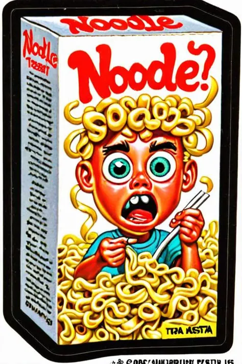 Sticker of a cereal box of 
Noodle-Noodle Brain-Teaser Pasta, Wacky Packages Style 
<lora:Wacky_Packages_TOPPS_Style_XL>
{   Bland-Os Tasteless Cereal, Wacky Packages Style|
    Snail-Os Escargot in a Can, Wacky Packages Style|
    Shriekin Shampoo for Scr...