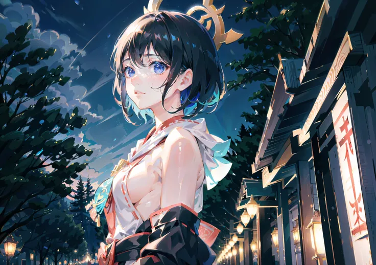 high quality, highres, absurdres, ultra detailed background, ultra detailed eyes, 1girl, medium breasts, black hair, blue eyes, short hair, sideboob, from side, shrine, shrine in the middle of the forest, shrine clothes, miko clothes, ((((night)))), (((pot...