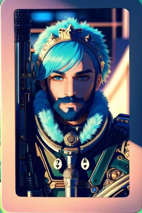 a close up of a man with blue hair and a beard