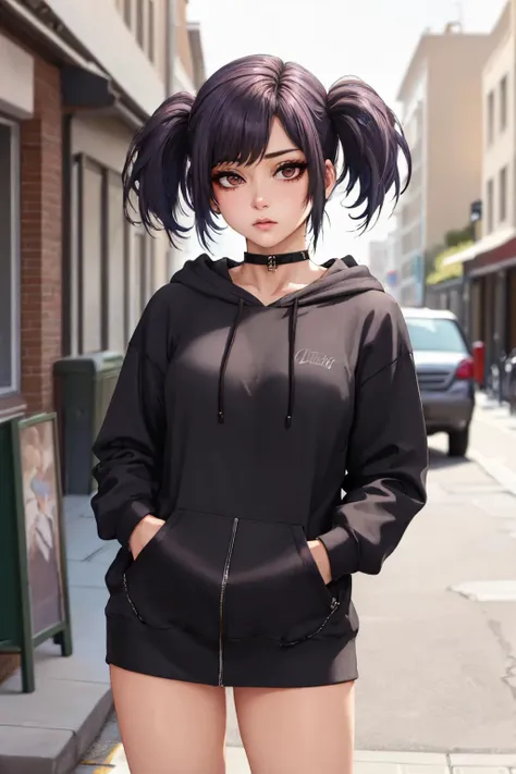 a woman in a black hoodie standing on a city street