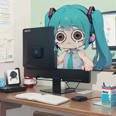 a mini hatsune trying miku fixing a pc , o_o, <lora:hotarueye_comic4_v200:.5>, panic