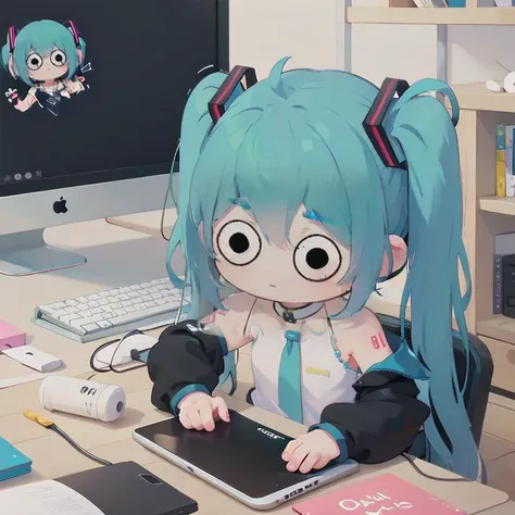 anime character sitting at a desk with a computer and a keyboard