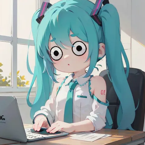 anime girl with blue hair sitting at a desk with a laptop