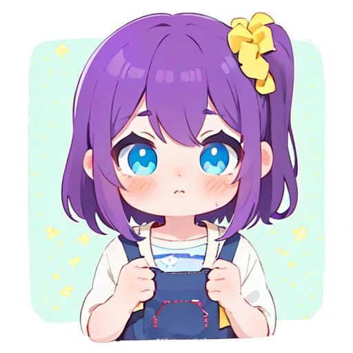 anime girl with purple hair and blue eyes holding a yellow bow