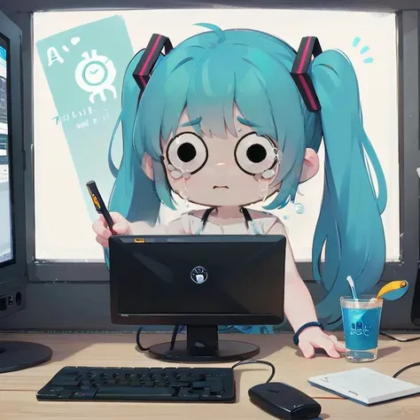 anime character with blue hair sitting at a desk with a computer