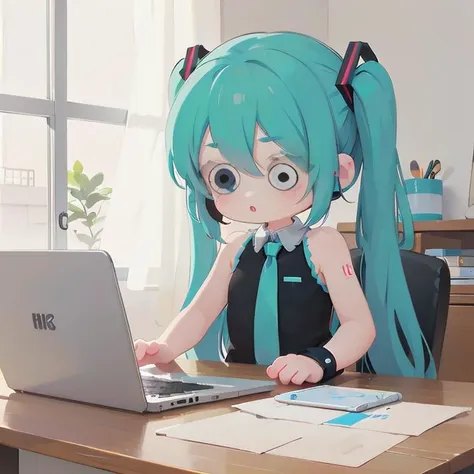 anime girl with blue hair sitting at a desk with a laptop