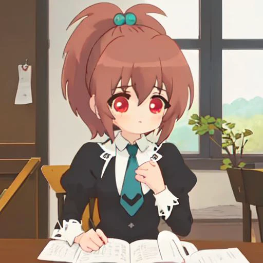 anime girl with red eyes sitting at a table with a book