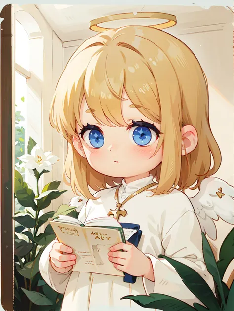 anime girl with blue eyes reading a book in a room