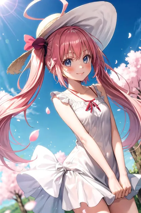 (masterpiece, best quality, detailed), 1girl, solo, looking at viewer, aamilim, long hair, twintails, ahoge, small breasts,
sundress, sun hat, white dress, cherry blossoms, petals, outdoors, tree, sky, wind, dutch angle, <lora:breasts_squeezed_together_v0....