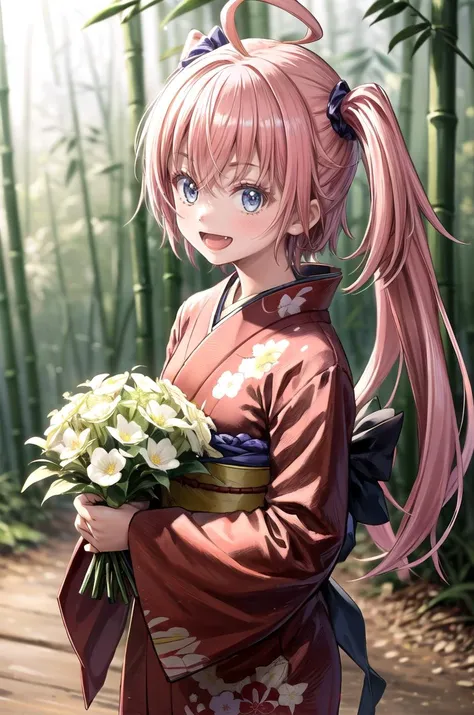 (masterpiece, best quality, detailed), 1girl, solo, looking at viewer, aamilim, long hair, twintails, ahoge, small breasts,
yukata, kimono, obi, print kimono, japanese clothes, outdoors, bamboo forest, nature, holding bouquet, bouquet, flower, smile, open ...