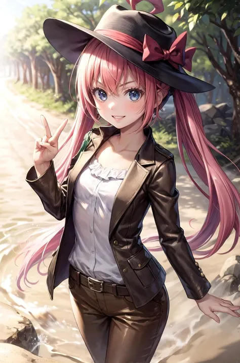 (masterpiece, best quality, detailed), 1girl, solo, looking at viewer, aamilim, long hair, twintails, ahoge, small breasts,
fedora, brown headwear, brown pants, black belt, cowboy hat, brown jacket, leather jacket, indiana jones, white shirt, satchel, dese...