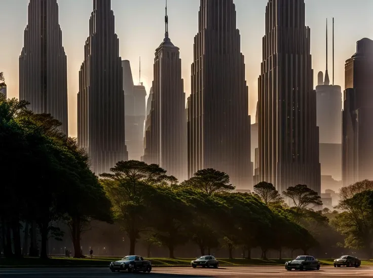 cars driving down a road in front of a city skyline